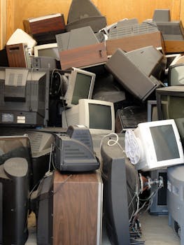 A large collection of old televisions and computer monitors in a warehouse setting.